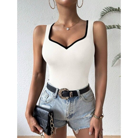 SHEIN Tops - Sweetheart Neck Ribbed Stretch White Black Trim Colorblock Casual Tank Top NEW M